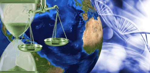 collage consisting of an hourglass, cup scales, against the backdrop of the planet Earth and stylized DNA chains