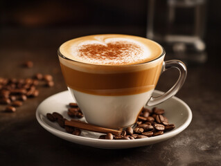 Obraz premium Hot flavored coffee with milk on a neutral background.