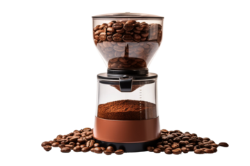 A Symphony of Aroma: Coffee Grinder Packed With Beans. On a White or Clear Surface PNG Transparent Background.
