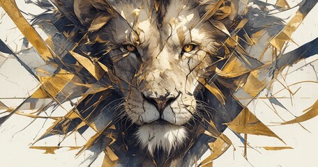 lion in the style of detailed geometric patterns, ultra realistic watercolors, marble and gold accents