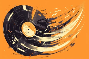 Minimalist vector art of an old vinyl record with glitch effects, set against an orange background. 