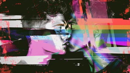 LGBT pride two girls kiss, Y2k art for t-shirts and clothes, lips kiss collage with a negative photocopy effect. Rough brutal elements for 90s vintage design. Ai Generation