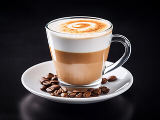 Hot flavored coffee with milk on a neutral background.