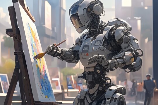 Photo of an AI robot artist painting on canvas, with robotic arms holding brushes and a palette knife. 