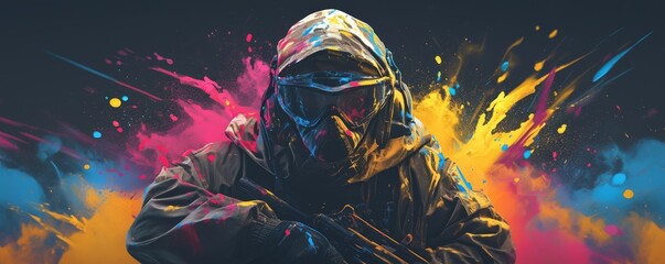 Pultres paintball player in full gear, colorful powder splash on black background - obrazy, fototapety, plakaty