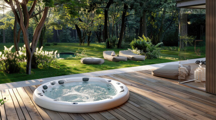 Outdoor jacuzzi pool with fresh blue water for massage and spa - obrazy, fototapety, plakaty