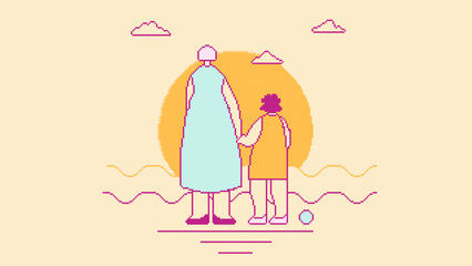 Mom and daughter look at the sea sunset pixel art.Concept of relaxation,care,summer vacation.Sun sets below the horizon.Print,wallpaper for tourism,mother's day,childrens day.Vector illustration EPS10