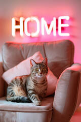 Fototapeta na wymiar A cute cat is sitting on the beige velvet armchair in front of neon sign with word HOME, light pastel colors, minimalistic scandinavian cozy interior design