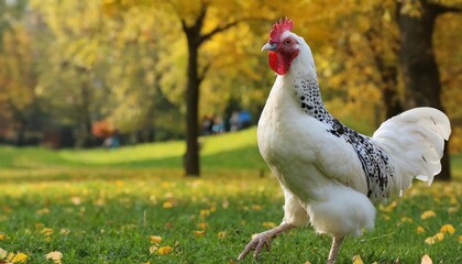 Fototapeta premium a chicken and a rooster - in the village - walk freely around the yard against the backdrop of autumn nature