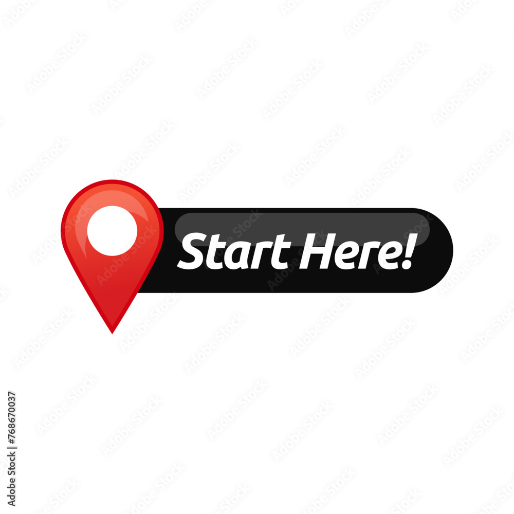 Poster start here text button template isolated on white background