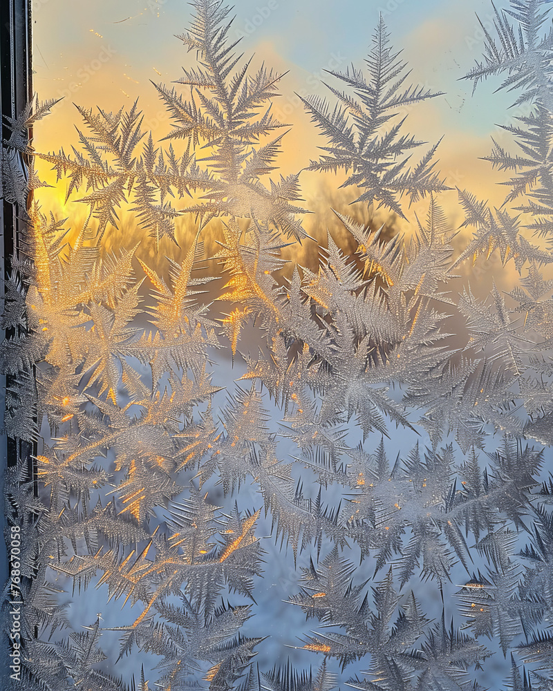 Poster the light of the setting sun emphasizes the delicate intricacy of frost patterns on a window in a cl