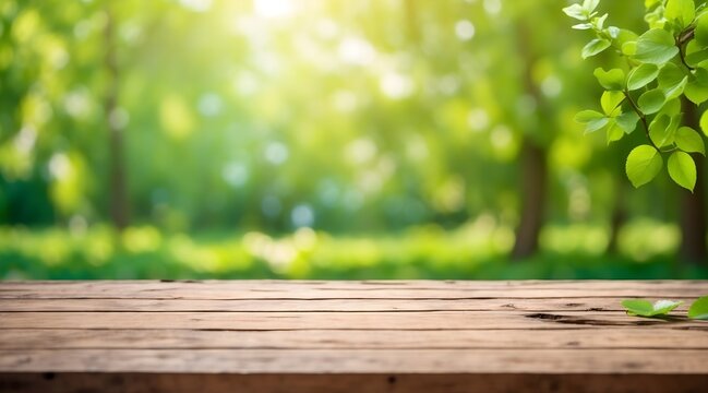 spring background with green juicy young foliage and empty wooden table in nature outdoor