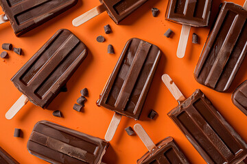 Multiple chocolate popsicles on an orange background