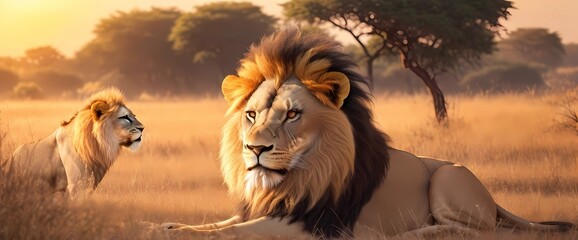 A regally commanding lion, exuding power and authority as he leads his pride through the savannah....