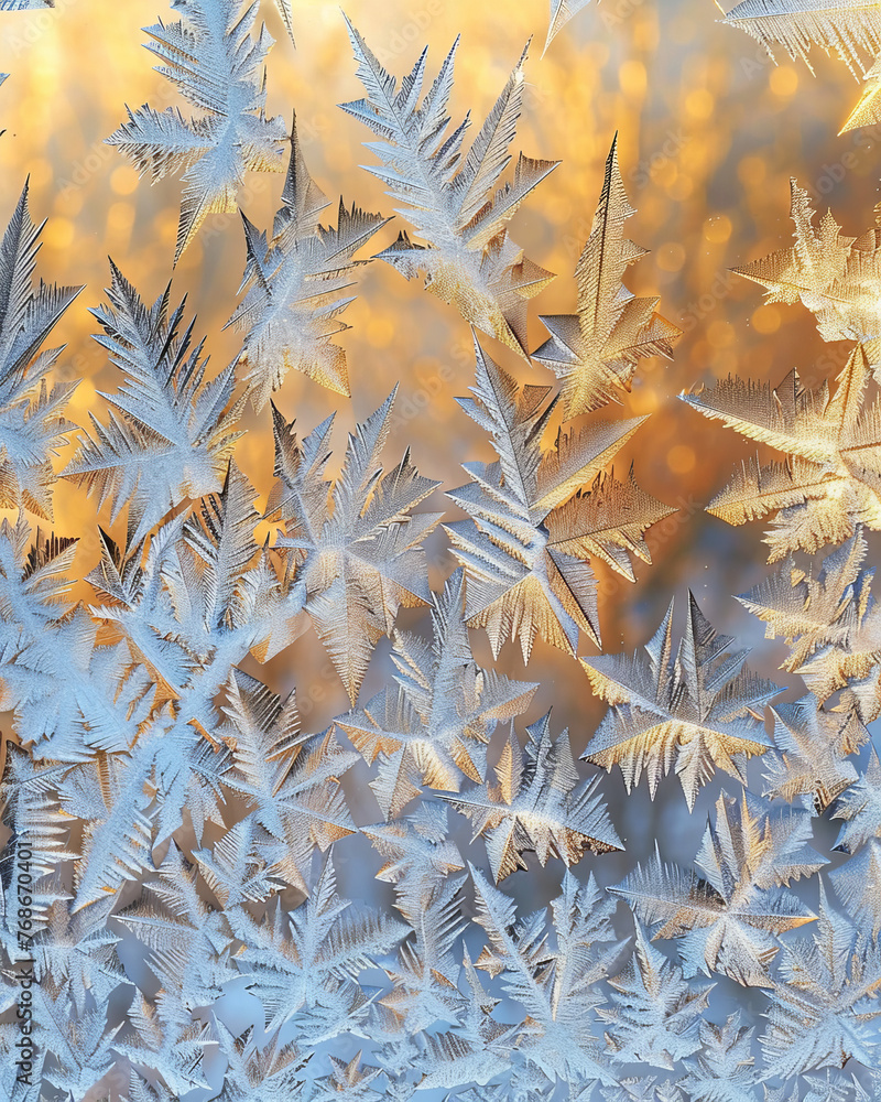 Poster illuminated by the warm hues of sunset, the frost patterns on the window create a striking contrast 