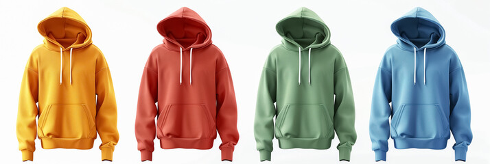 Four 3D samples of pastel coloured hooded sweatshirts. Yellow, red, green, blue hoodies on white background. - obrazy, fototapety, plakaty