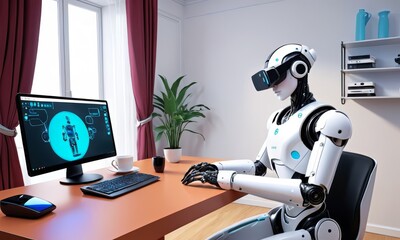 Naklejka premium A humanoid robot operates a home office setup with a futuristic aesthetic, highlighting the potential of AI in personal workspaces. The robot sits comfortably, navigating through tasks with ease. AI