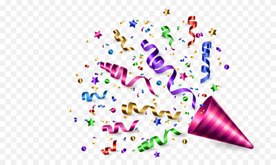 Vector exploding realistic party popper with colorful ribbons and confetti. Decor for invitation, greeting card, banner for anniversary or birthday.