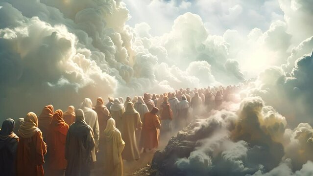 people walking to the light in heaven. Standing in a row waiting to go to heaven in white clouds. Christian prayers are in queue praying to the Jesus. Believe in God
