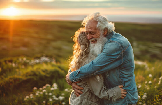 photo of happy senior couple hugging each other and laughing in the green field