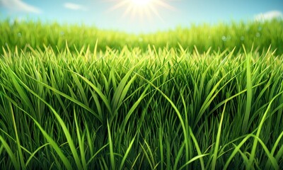 Fototapeta premium The sun's rays illuminate a flawless expanse of green grass, creating a vivid tapestry of life and energy. It's a perfect backdrop for the vitality of nature. AI generation