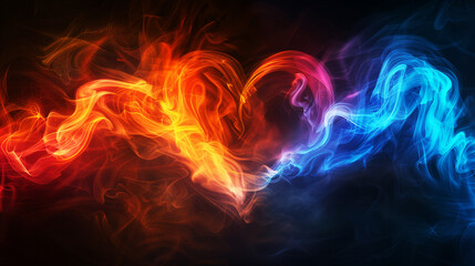Abstract love Heart in Motion, Fiery Blend of Emotion and Color, fiery streams of red and orange melding seamlessly into tranquil blues background passion LGBTQ+ Pride 