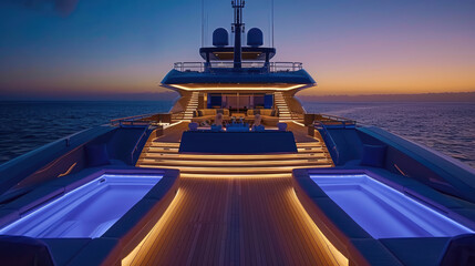 Neon lighting on a yacht for a sunset party - obrazy, fototapety, plakaty