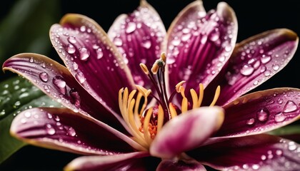 A close-up of a dew-kissed purple lily, its petals glistening with water droplets against a dark backdrop, highlighting its delicate details.