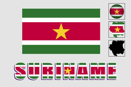 Suriname flag and map in a vector graphic