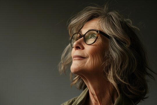 Portrait of a senior woman with eyeglasses on grey background