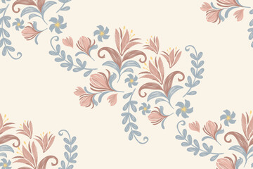 Pink flower motif ditsy pattern seamless background. Vector illustration hand drawn peach pink tulip floral with branches leaves.