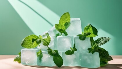 top view, flat lay, Summer mint green background with cold frozen ice cubes and leaves of house plants. Direct sunlight with shadows. Ice podium with space for your body care products