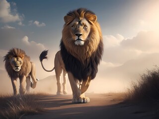 Driving concept with the majestic lion walking in front of his pride