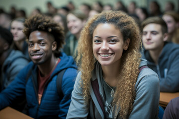 Fototapeta premium A group of people are sitting in a classroom, one of them is smiling. Scene is happy and relaxed