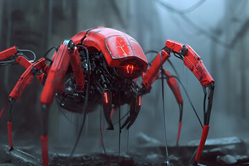 Red robot spider in metal armor. Cyberpunk. AI Generative