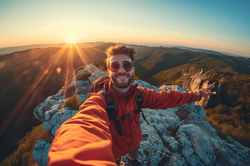 Happy Man in hiking clothes with backpack watch sunrise or sunset at top of mountain and takes elfie. Tourism, freedom, trips. Natural landscape. Generative AI