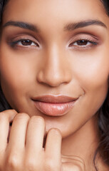 Skincare, glow and portrait of woman in studio with health, wellness and natural facial routine. Beauty, cosmetics and closeup face of female person with dermatology treatment by gray background.