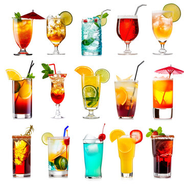 Collage set of different types alcoholic and non-alcoholic cocktails, drinks, on white background, 3d rendering. Cafe bar menu. Generative AI