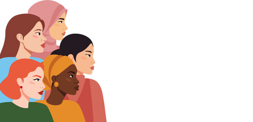Women. Group of women of different Nationalities and Religions. Concept of Feminism, Struggle for Women's Rights. International Women's Day. Vector horizontal banner, poster