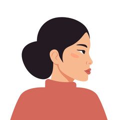 Asian woman portrait. Avatar of an Asian girl. Side view. Vector flat illustration isolated om white background
