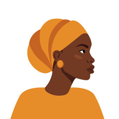 Profile of african woman with hat. African Woman side view. Turban. African american woman portrait isolated on white background. Young woman with dark skin flat style. Vector hand drawn illustration