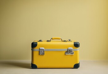 Yellow travel suitcase on the street against the background of a yellow brick wall. Travel the world