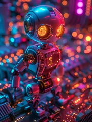 Fotobehang Robots building 3D graphics via APIs coding sequences in neon light advanced tech workshop setting. Generative ai. © Chaiyo