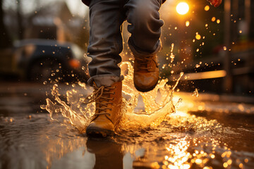 Generative Ai representing childhood, kid jumping in puddles.  - obrazy, fototapety, plakaty