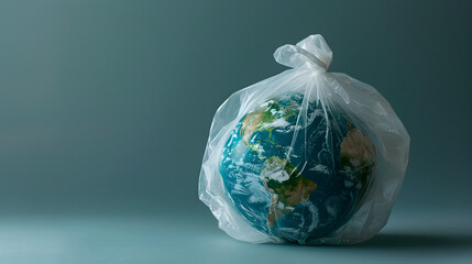 Earth globe in a white plastic bag, global warming concept, environment concept, plastic free world day, save our earth.