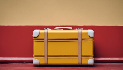 Yellow travel suitcase on the street against the background of a red brick wall. Travel the world