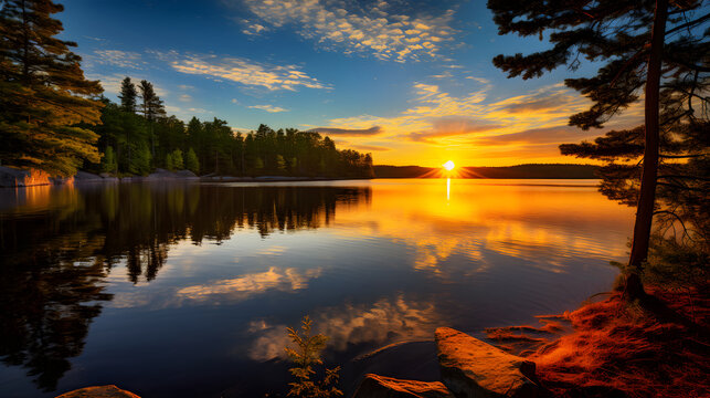 Golden Dusk Over Serene Waters: A Panoramic View of Nature's Untouched Beauty Imbued with Tranquility