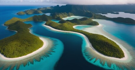 Stunning turquoise trails wind through lush emerald islands in this aerial view, underlining the...