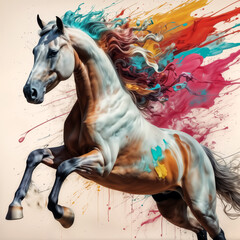 painting of a horse galloping with colorful paint splatters in the background. The horse is depicted in bright colors including orange, yellow, and blue.