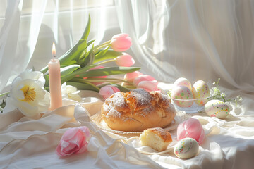 Fototapeta na wymiar dreamy pastel aesthetic easter breakfast scene with pink tulips, a white linen tablecloth, easter painted pastel eggs, and golden brioche with a candle